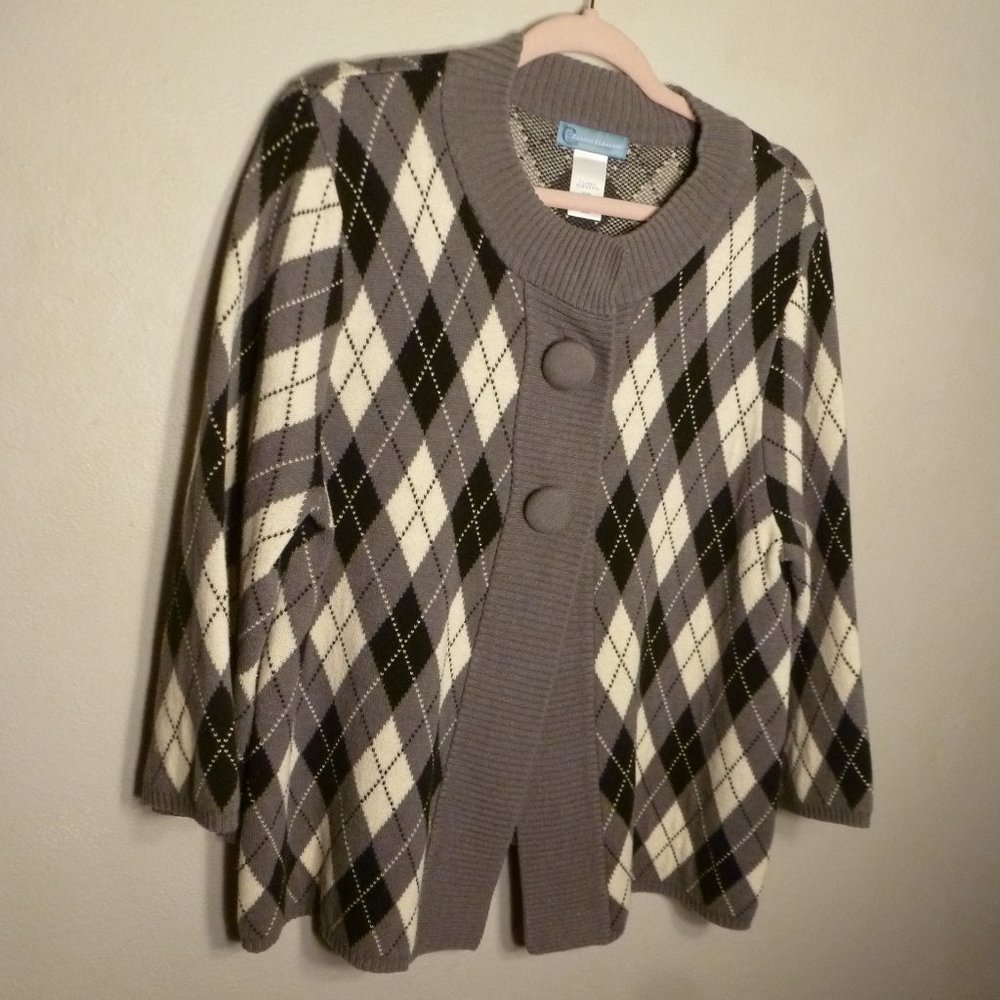 Classic Elements grey black cream argyle big button 3/4 slv cardigan XL 18 1X